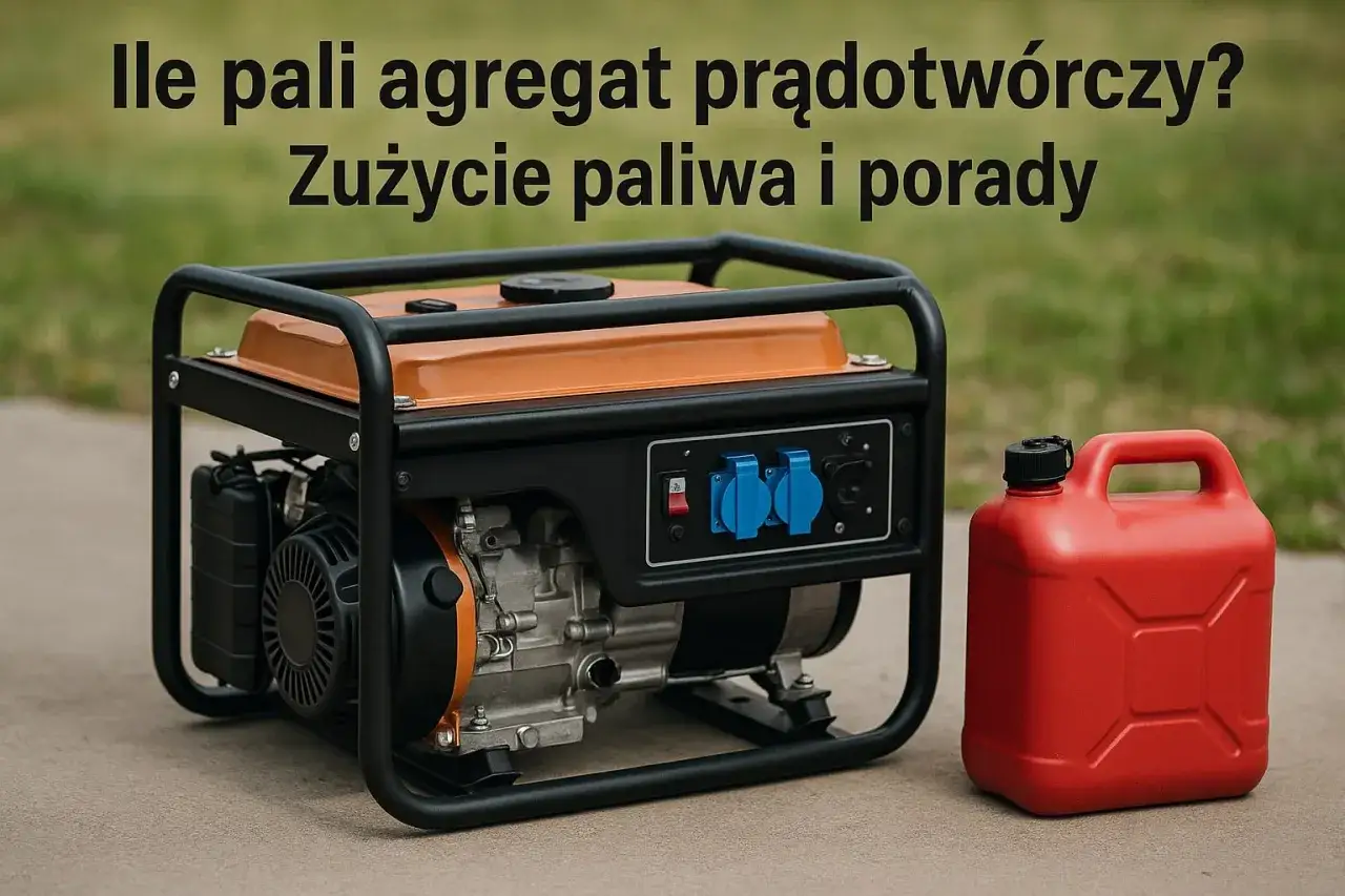 Agregat prądotwórczy 3kW i czerwony kanister. Dowiedz się, ile pali agregat 3kw, aby zaplanować jego pracę.