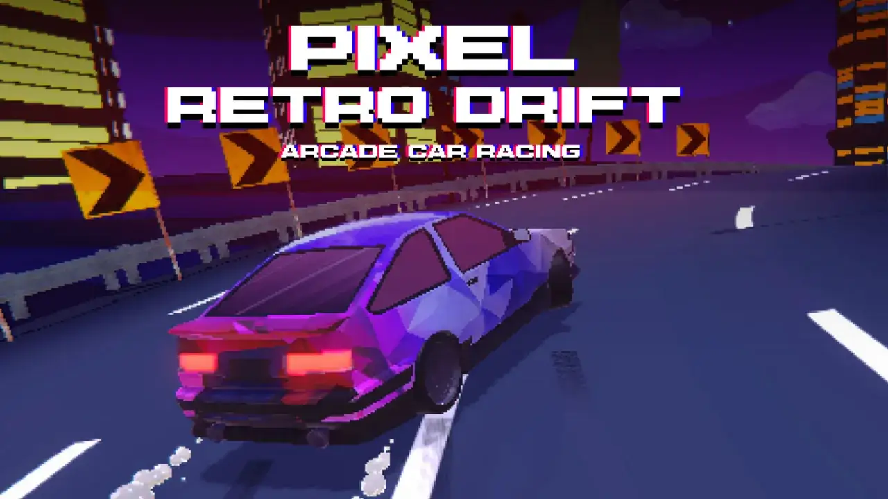 Pixel Retro Drift: gra samochodowa w stylu retro z neonowym autem na nocnej trasie.