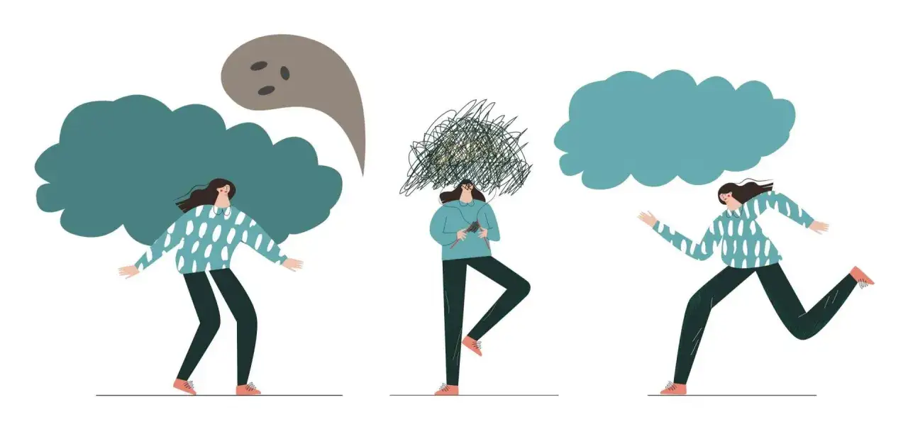 Ilustracja przedstawia trzy kobiety. Jedna z nich ma nad głową chmurę myśli, druga ma splątane myśli, a trzecia biegnie. Obrazek symbolizuje, czym jest psychoza.
