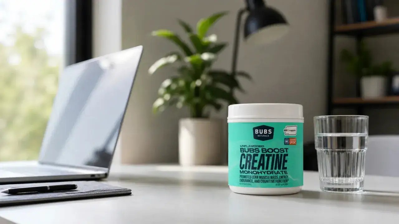Kreatin-Dose neben einem Glas Wasser und Laptop. Informiere dich &uuml;ber m&ouml;gliche nebenwirkung kreatin, bevor du es nimmst.