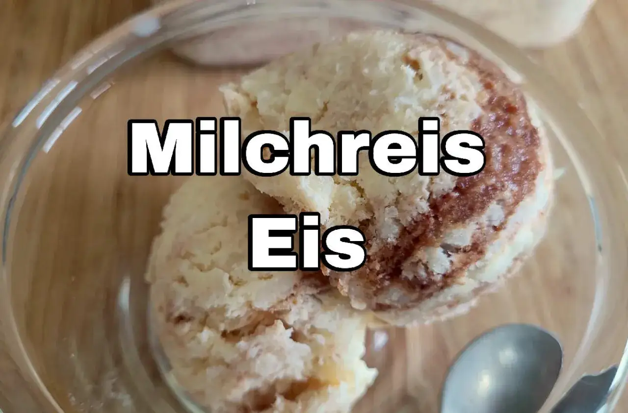 Zwei Kugeln cremiges Milchreis Eis mit Zimtstreifen in einer Glasschale. Ein Löffel liegt daneben.