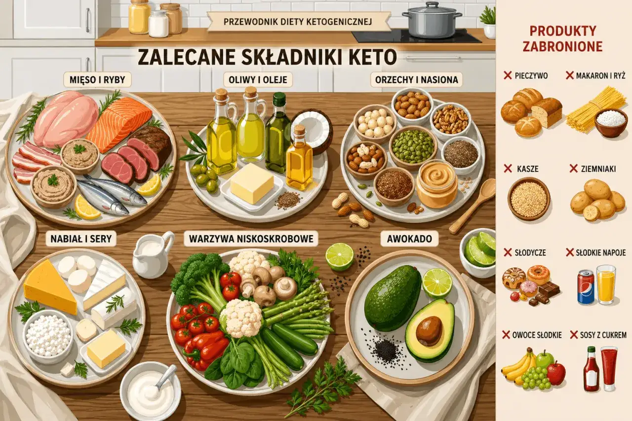 Na czym polega dieta keto? Zobacz zalecane składniki: mięso, ryby, nabiał, warzywa, awokado, oliwy, orzechy. Unikaj pieczywa, makaronu, ziemniaków, słodyczy.