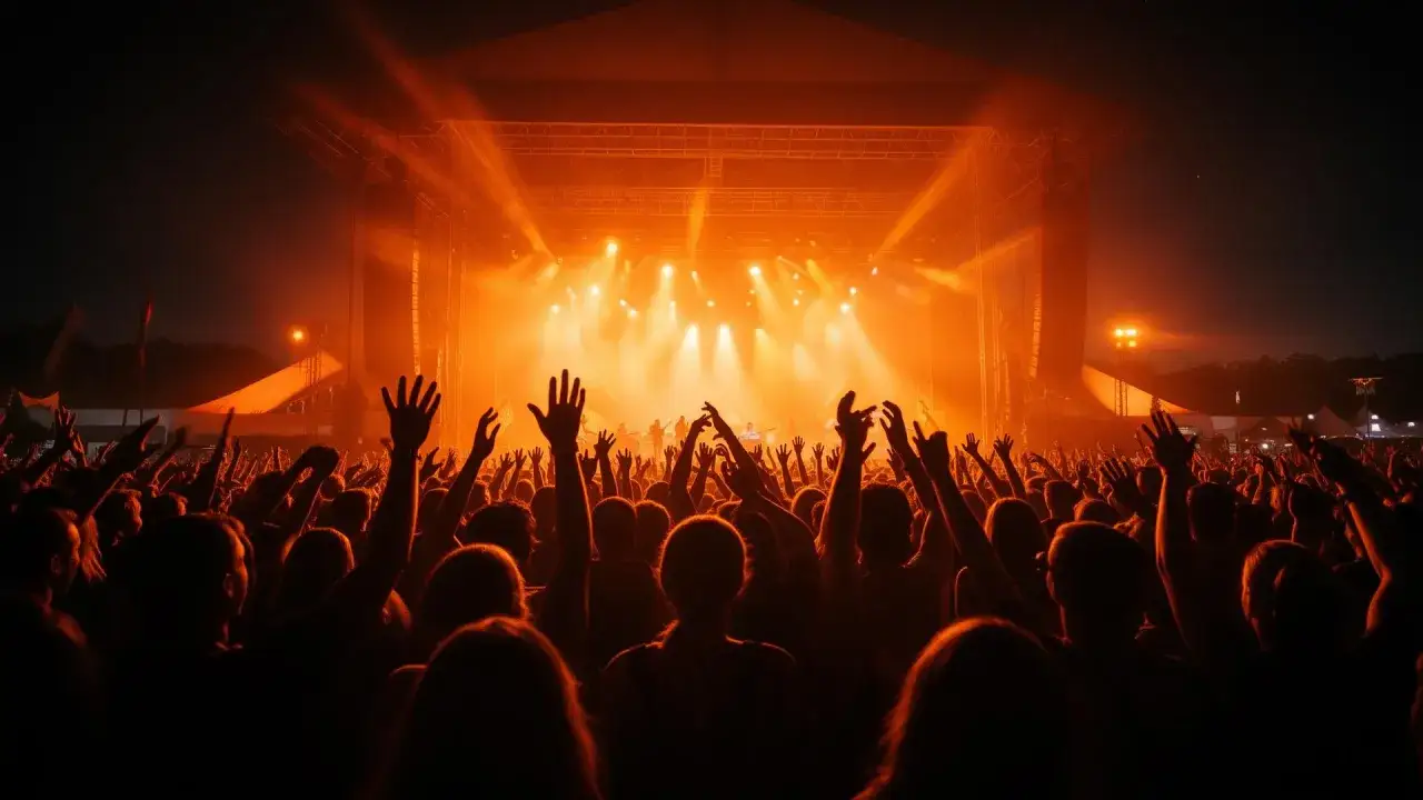 Publiken jublar under en stor konsert, med händerna i luften. Scenen badar i orange ljus, som på en av **Charta 77 spelningar**.