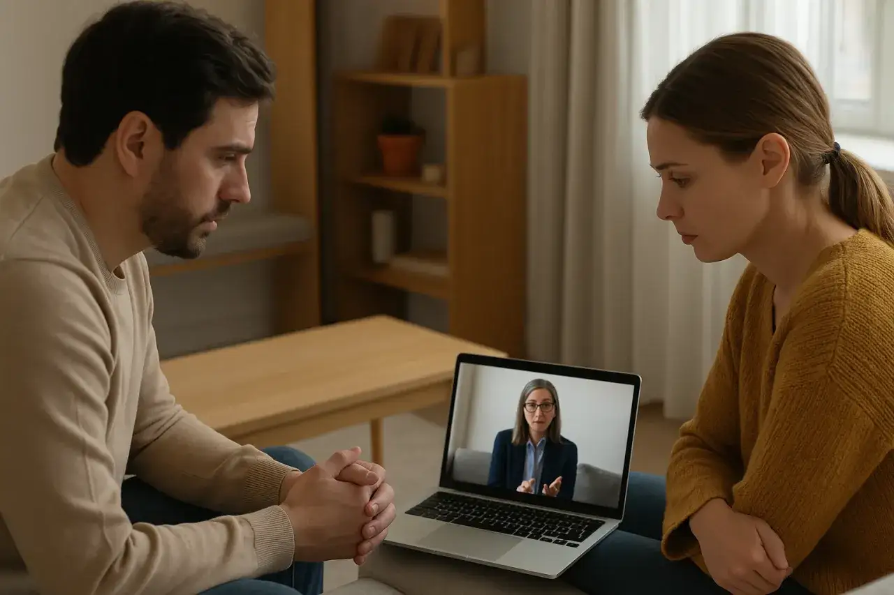 Par och terapeut har ett videosamtal. Mannen och kvinnan ser bekymrade ut, kanske kämpar de med medelsvår depression och söker hjälp.
