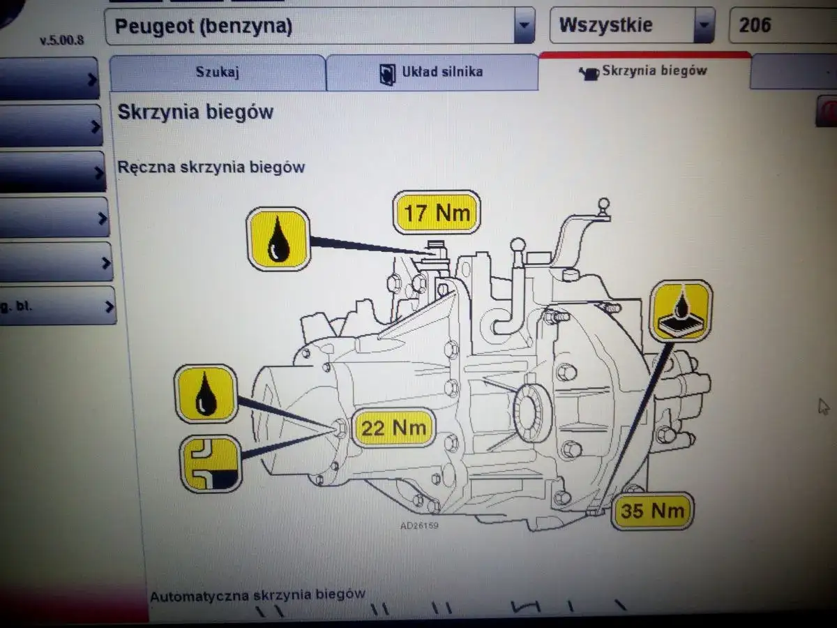 Schemat skrzyni biegów Peugeot 206 1.4 benzyna. Wskazuje momenty dokręcania śrub: 17 Nm, 22 Nm, 35 Nm.