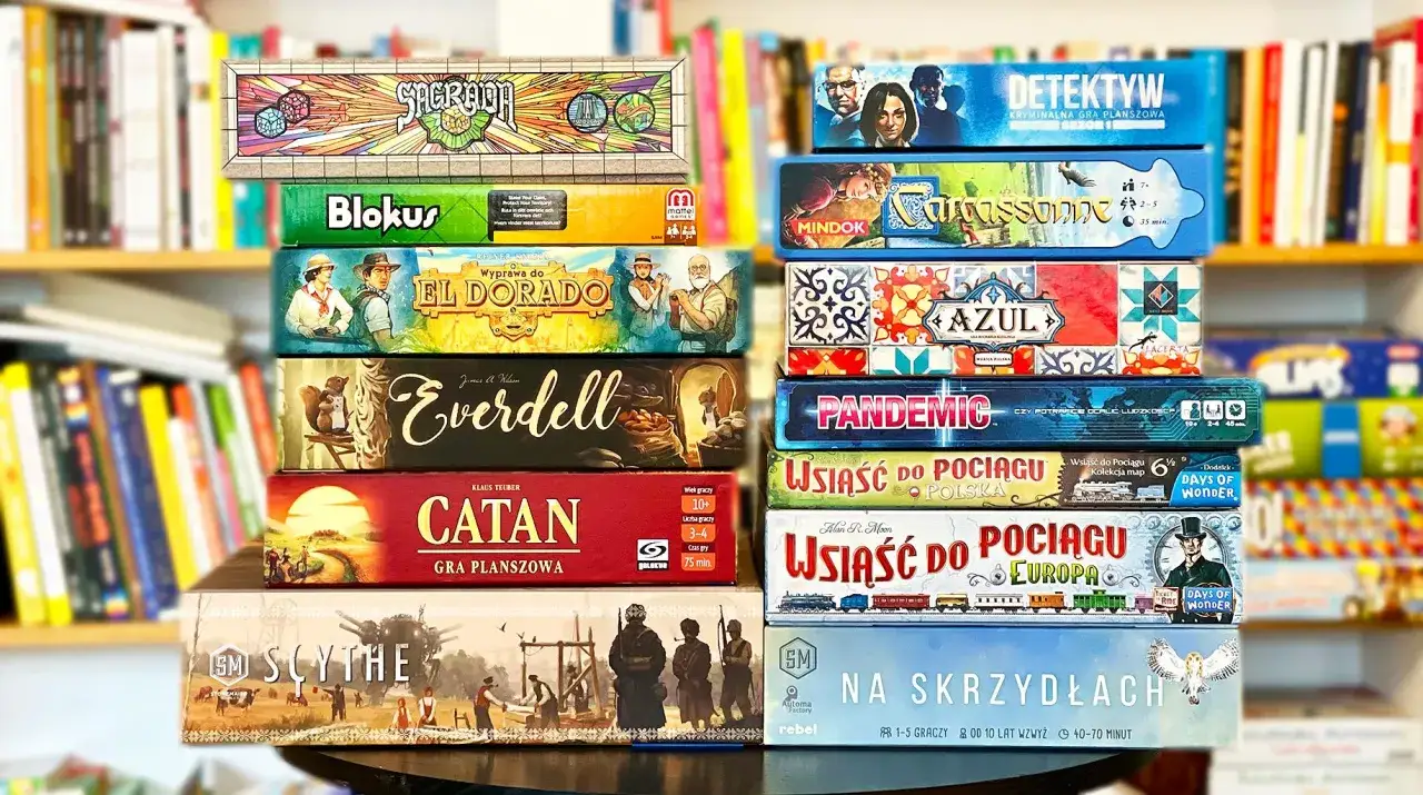Kolekcja proste gry planszowe: Sagrada, Blokus, El Dorado, Everdell, Catan, Scythe, Detektyw, Carcassonne, Azul, Pandemic, Wsiąść do Pociągu, Na Skrzydłach.