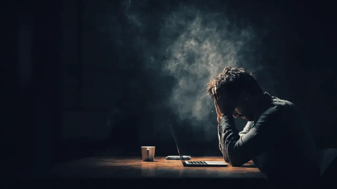 Uomo con le mani tra i capelli, davanti a un laptop e una tazza, immerso in una nebbia che simboleggia la **diffusione di identit&agrave;** e lo smarrimento.