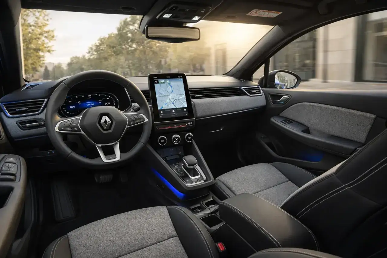 Intérieur moderne d'une Renault Clio, avec écran tactile et tableau de bord numérique. La clio 7 date de sortie approche, promettant une expérience de conduite innovante.