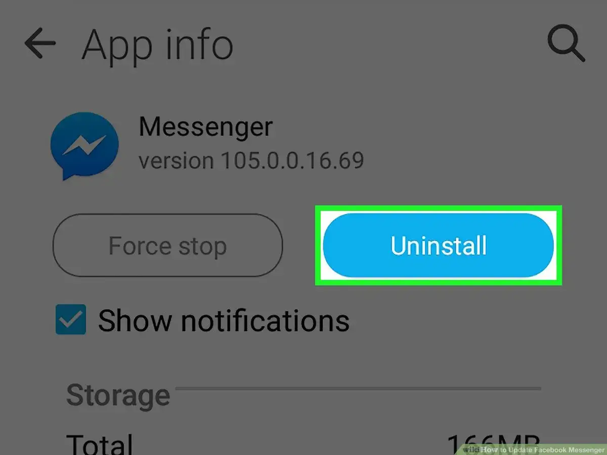 Ekran informacji o aplikacji Messenger. Widoczny przycisk