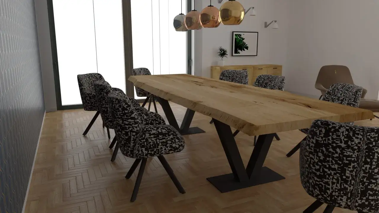 Nowoczesny stol do kuchni z litego drewna, otoczony designerskimi krzesłami w geometryczne wzory. Idealne miejsce na rodzinne posiłki.