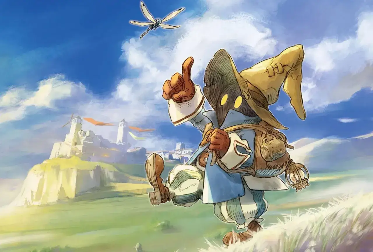 Vivi, personaje de Final Fantasy IX Remake, saluda bajo un cielo azul con una libélula. Al fondo, un castillo en una colina.