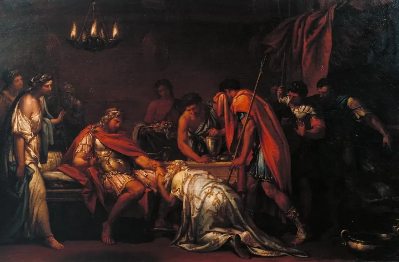Priam, roi de Troie, supplie Achille de lui rendre le corps d'Hector. Une scène poignante de la mythologie grecque.