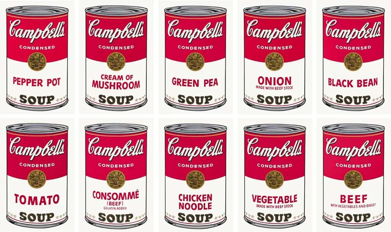 Ikony pop artu Warhol przedstawiające puszki zupy Campbell's w różnych smakach.