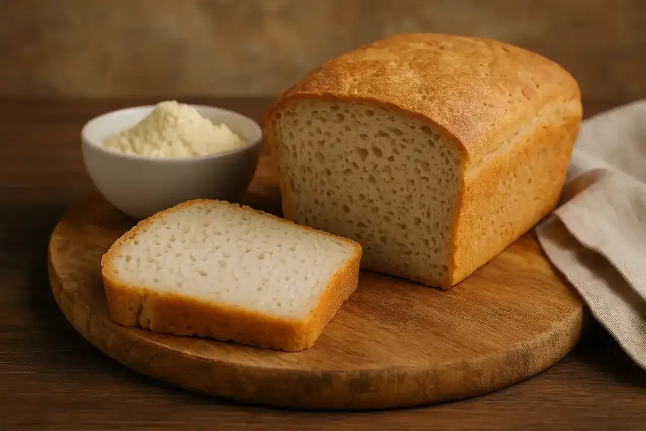 Un pain sans gluten moelleux, une tranche coupée et une coupelle de farine sur une planche en bois.