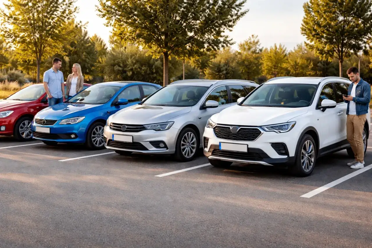 Różne rodzaje karoserii samochodowych: czerwony sedan, niebieski sedan, srebrne kombi i biały SUV.