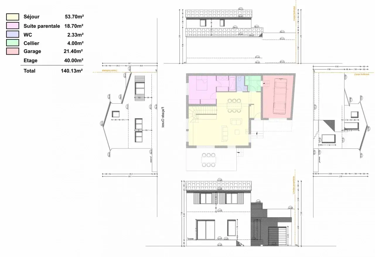 Plans d'un contrat de construction de maison individuelle, montrant les diff&eacute;rentes pi&egrave;ces, leurs surfaces et les &eacute;l&eacute;vations.