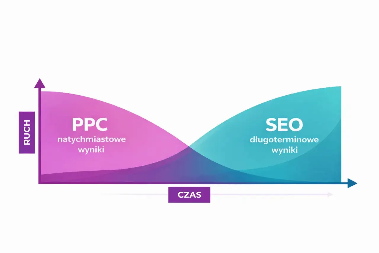 Wykres porównujący PPC (natychmiastowe wyniki) i SEO (długoterminowe wyniki) w kontekście ruchu i czasu.