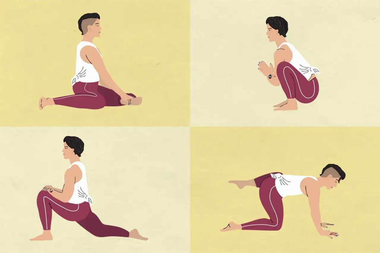 Quatre illustrations montrant des postures de yoga pour soulager l'exercice hanche douloureuse.