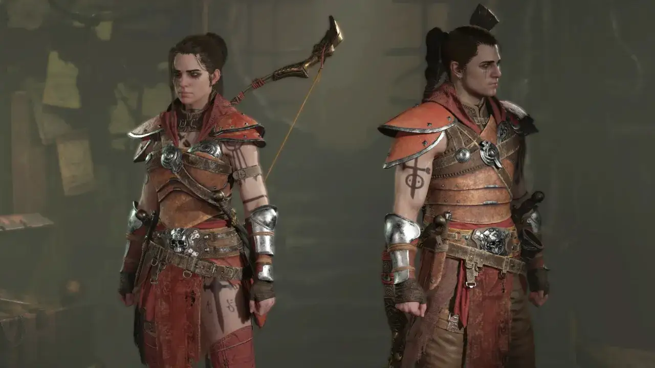Dwie postacie z Diablo 4 w skórzanych zbrojach. Kobieta z łukiem, mężczyzna z tatuażem na ramieniu.