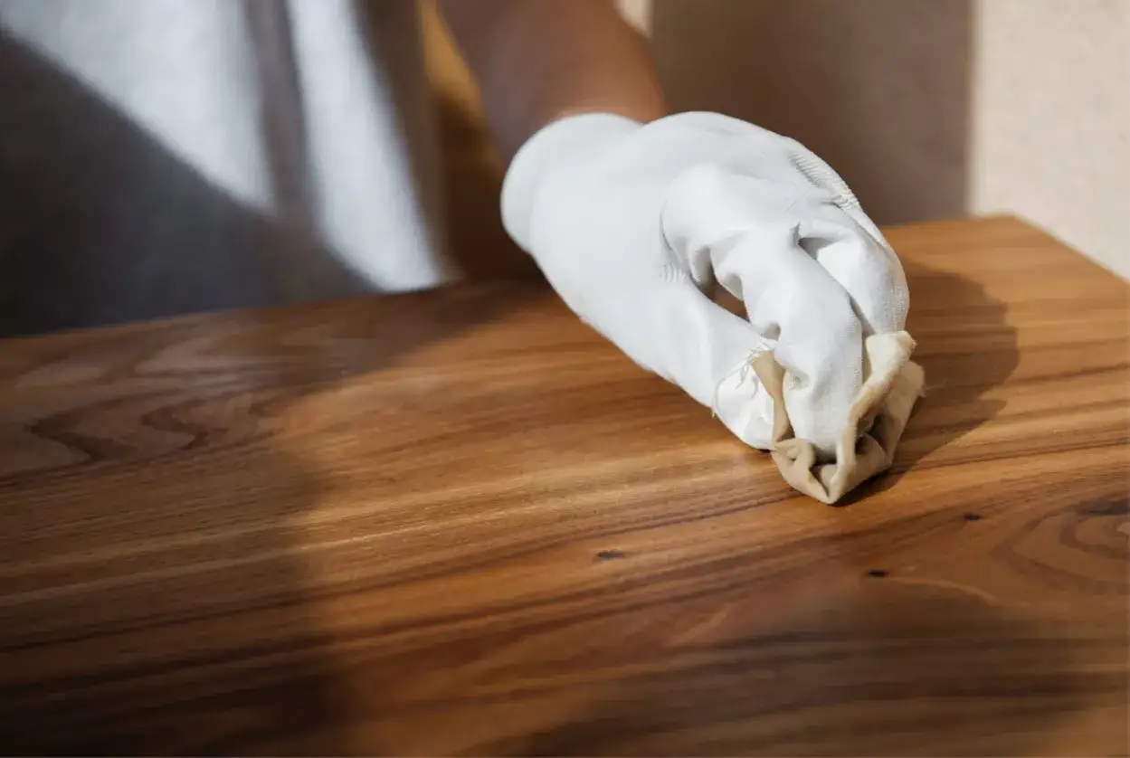 Main d'une personne portant un gant blanc, cirant un meuble en bois après décapage. La cire donne un éclat chaleureux au bois.