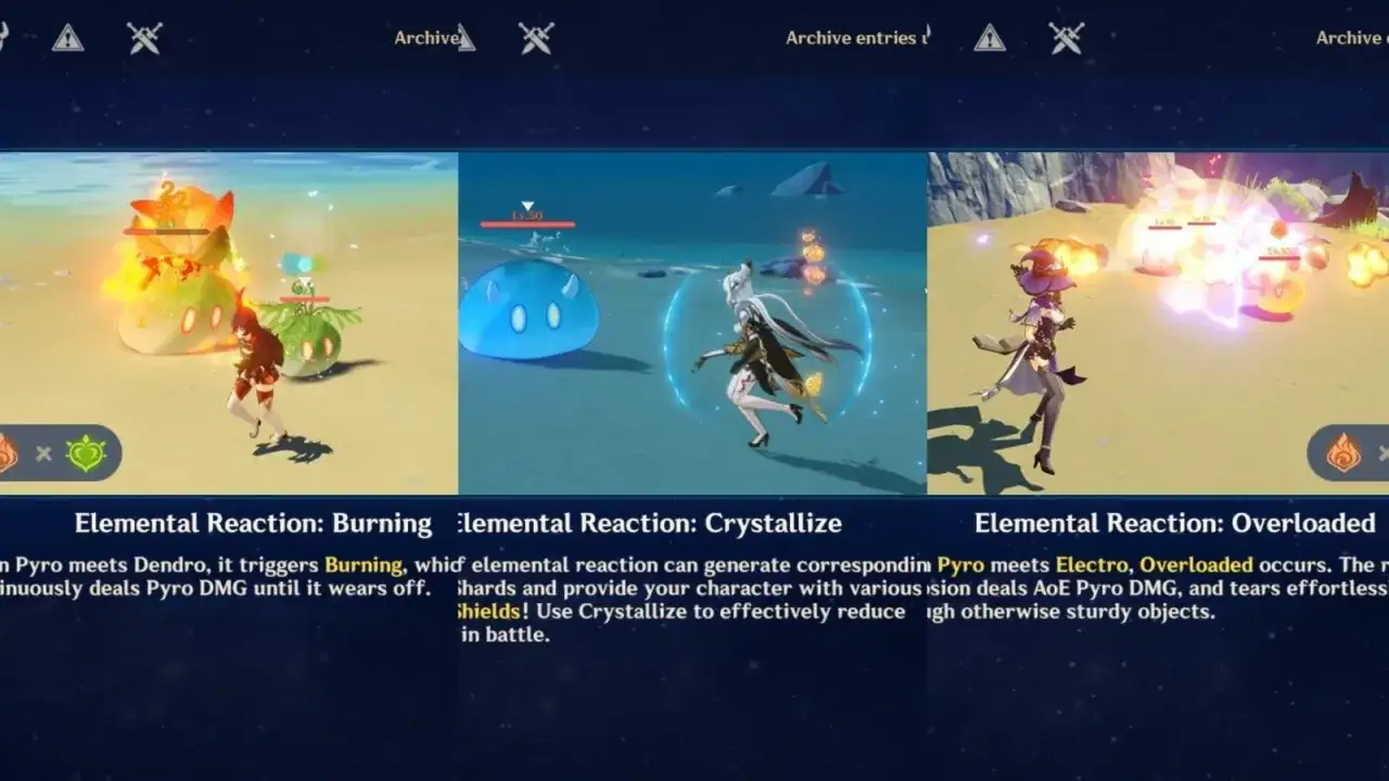 Genshin Impact guía: Reacciones elementales como Burning, Crystallize y Overloaded.