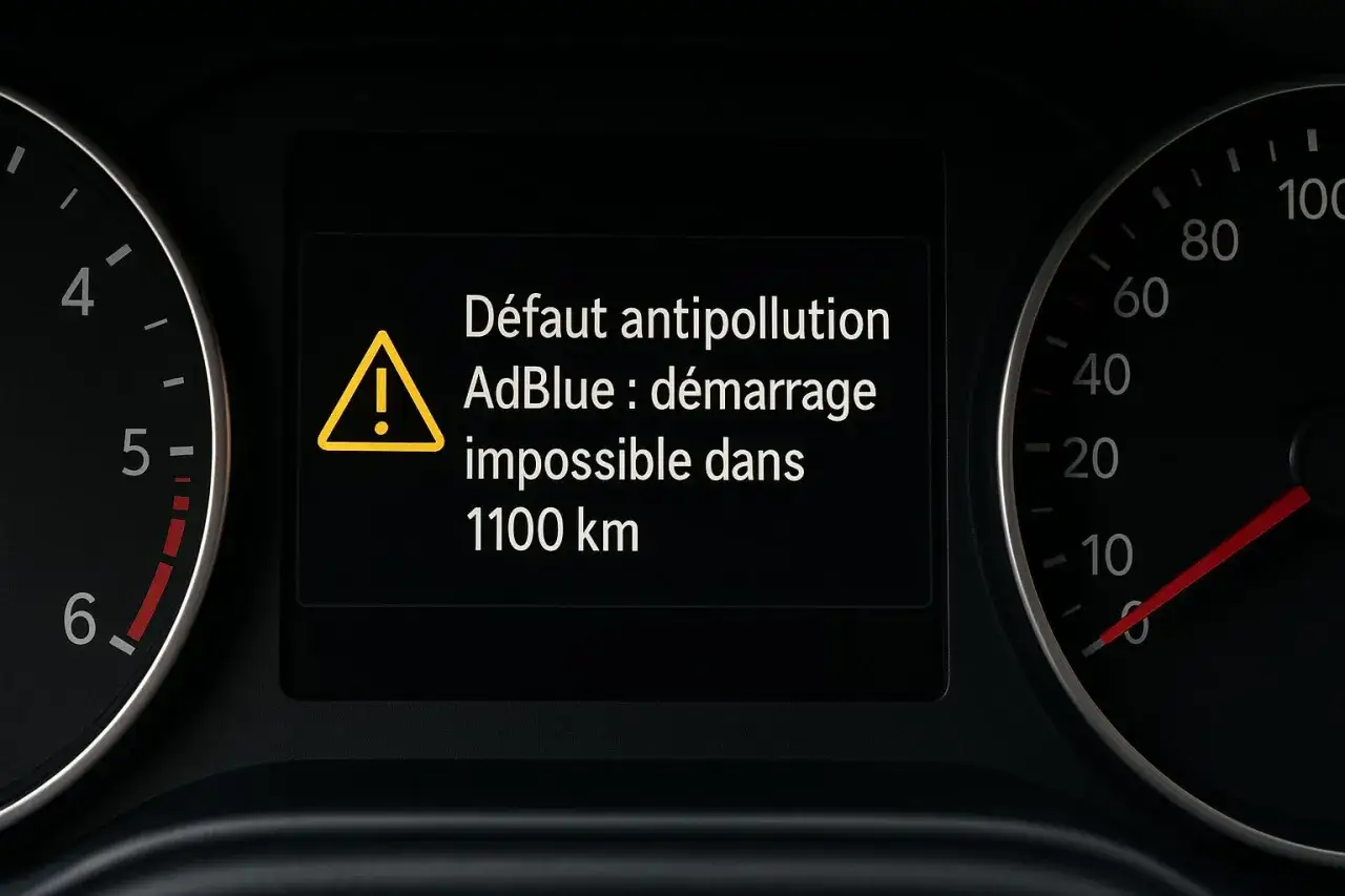 D&eacute;faut antipollution AdBlue : d&eacute;marrage impossible dans 1100 km. Le tableau de bord affiche un avertissement de consommation du r&eacute;actif AdBlue.