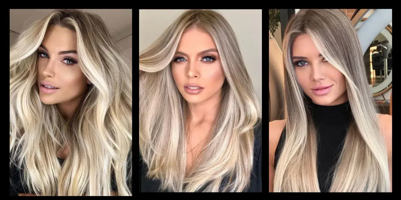 Tre donne con capelli lunghi e mossi, sfumati in un elegante biondo cenere caldo con riflessi chiari.