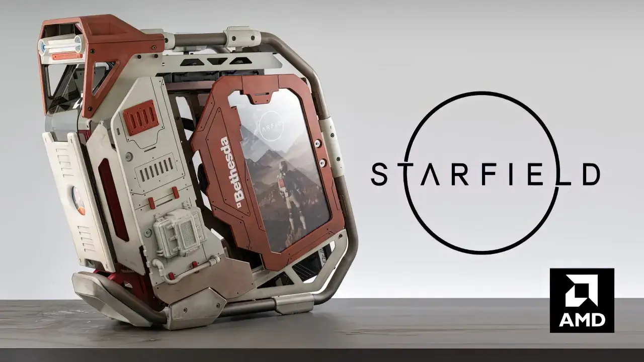 Un boîtier PC futuriste aux couleurs de Starfield, avec un écran affichant une scène du jeu et le logo AMD.