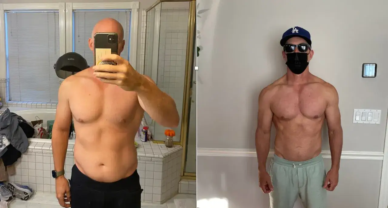 Mann mit sichtbarem Muskelwachstum beschleunigen. Vorher-Nachher-Vergleich zeigt deutliche Transformation.