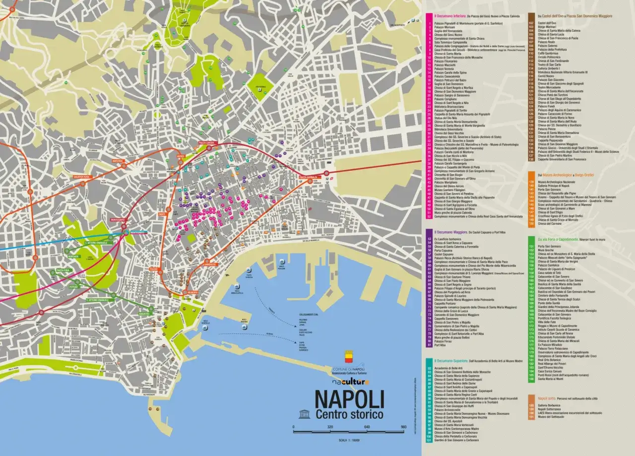 Map of Naples, Italy neighborhoods, highlighting historical sites and attractions.