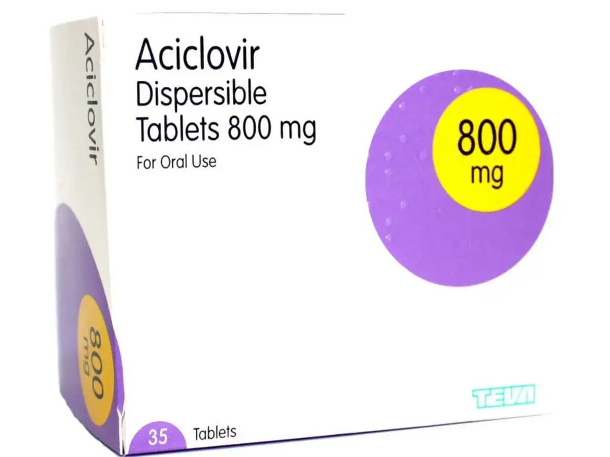 Opakowanie leku Aciclovir Dispersible Tablets 800 mg, zawiera 35 tabletek do stosowania doustnego.