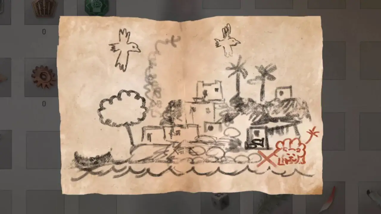 Szkic mapy z Assassin's Creed Mirage: zagadki i wskazówki do skarbu. Widoczna łódź, palmy, budynki i symbol lwa.