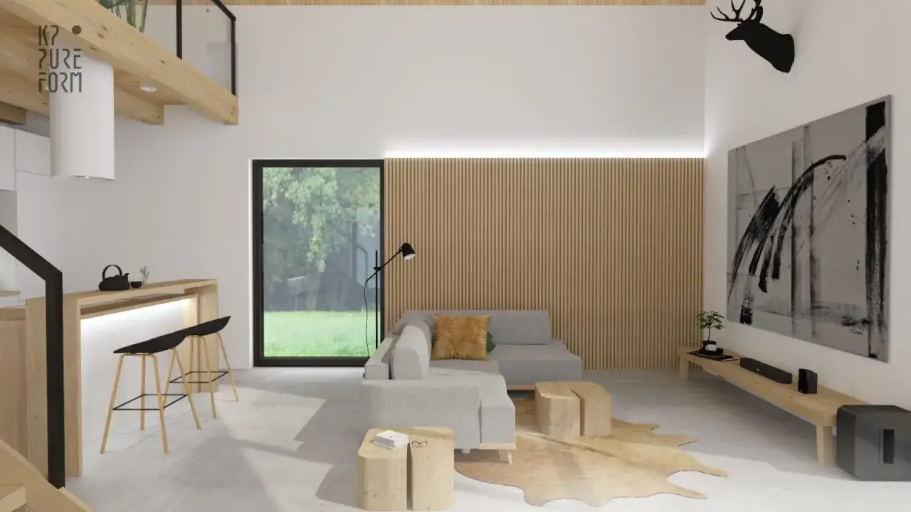 Nowoczesny dom w stylu barn house z szarą sofą, drewnianymi meblami i dużym oknem.