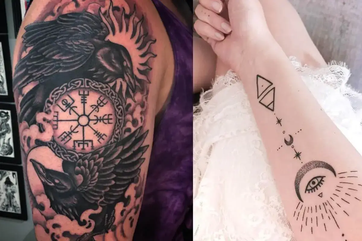 Tatuaż wiedźma: dwa kruki z runicznym kompasem na ramieniu i mistyczne symbole na przedramieniu.