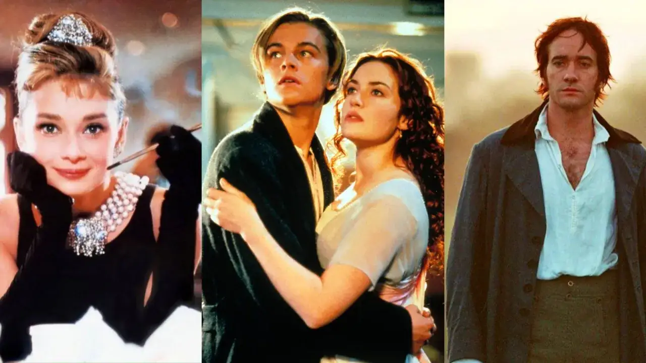 Audrey Hepburn, Leonardo DiCaprio och Kate Winslet, samt en man i historisk kl&auml;dsel. Scener fr&aring;n klassiska romantiska filmer.