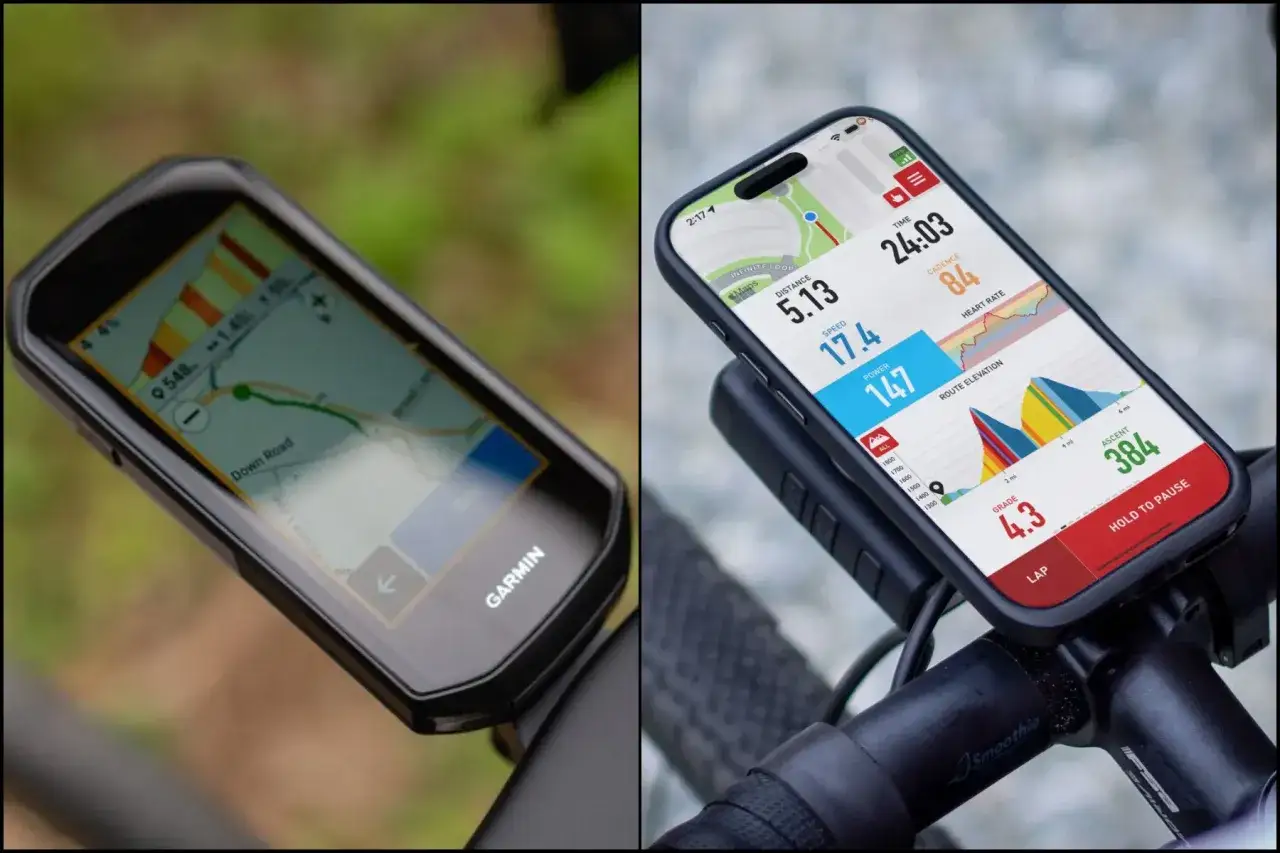Dwa urządzenia rowerowe: licznik na rower Garmin i smartfon z aplikacją kolarską, pokazujące dane o trasie i osiągach.