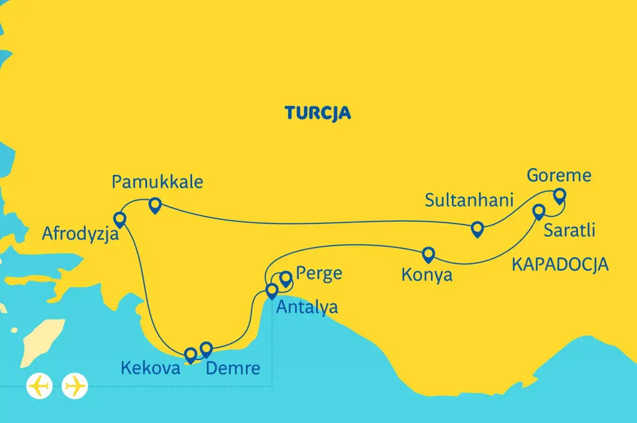 Mapa Turcji z zaznaczonymi atrakcjami: Afrodizja, Pamukkale, Kekova, Demre, Antalya, Perge, Konya, Sultanhanı, Goreme, Saratli, Kapadocja. Lot z Krakowa do Turcji trwa ok. 2,5-3h.