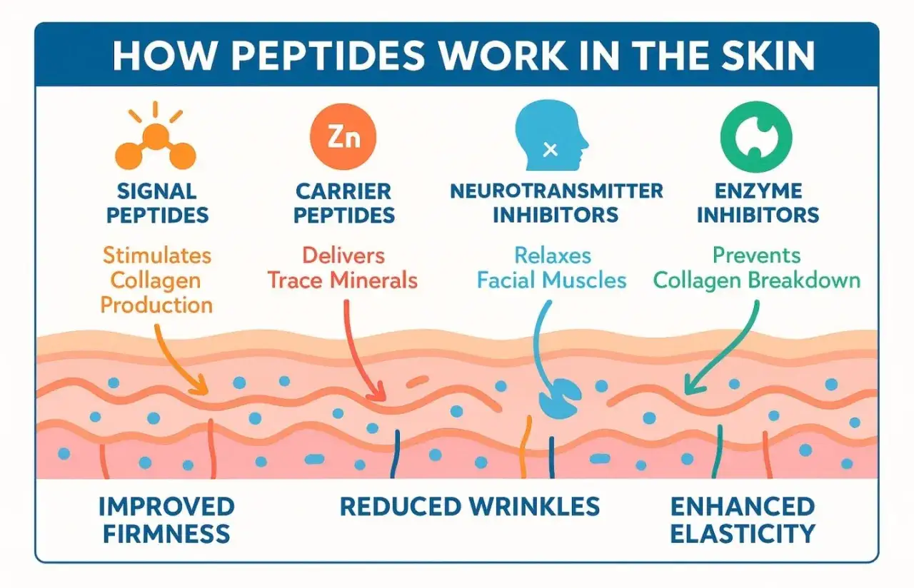 Les peptides c'est quoi ? Illustration montrant comment les peptides agissent sur la peau : signal, transport, relaxation musculaire et prévention de la dégradation du collagène pour une peau plus ferme et élastique.
