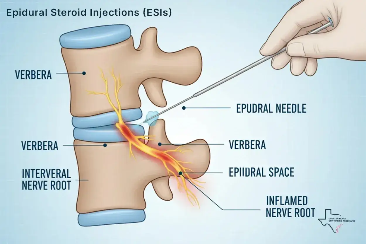 Illustration zeigt, wie Cortison bei Bandscheibenvorfall durch eine epidurale Injektion in den Wirbelkanal verabreicht wird, um eine entz&uuml;ndete Nervenwurzel zu behandeln.