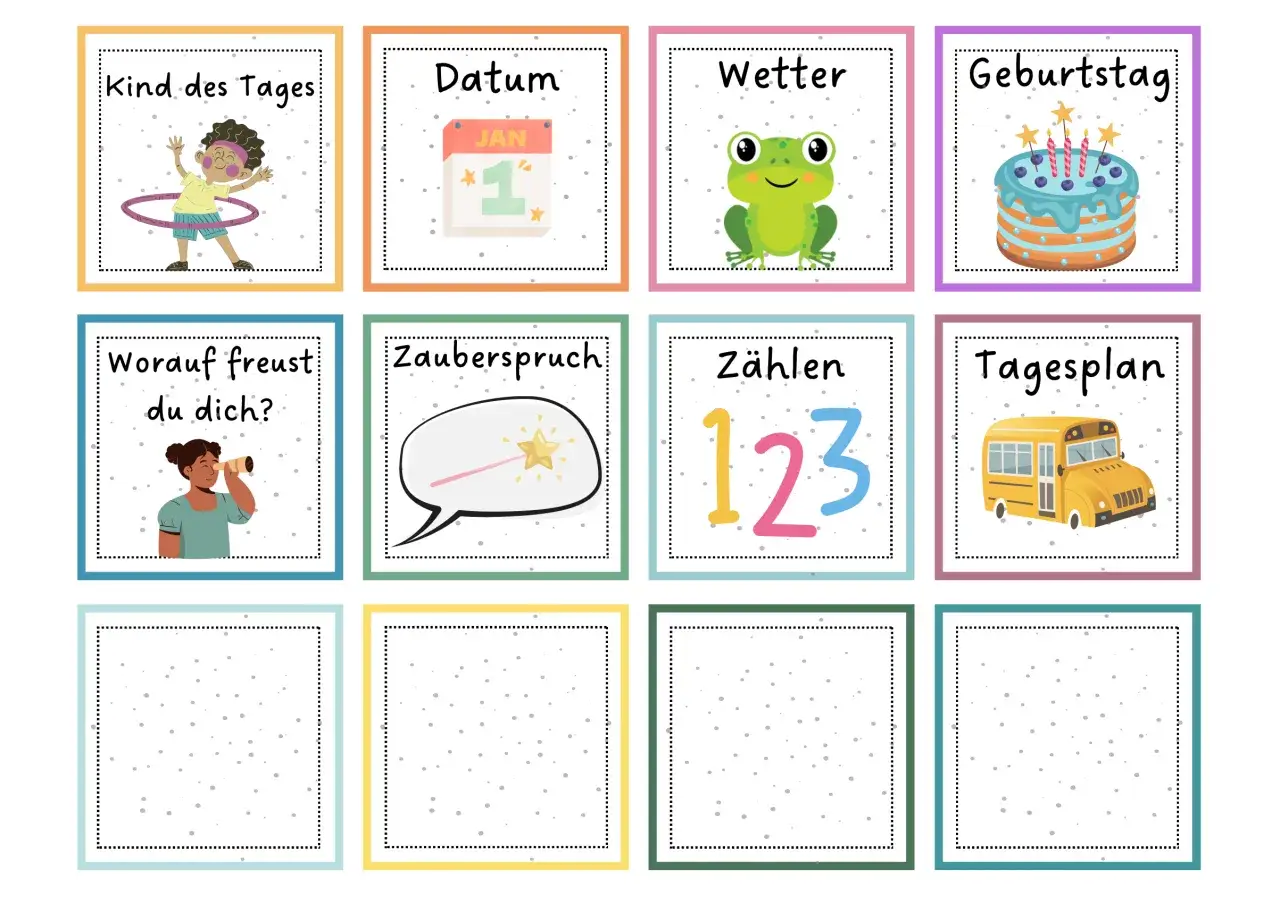Ein fröhliches Kind des Tages mit Reifen, ein Kalender, ein Frosch, ein Geburtstagskuchen, ein Mädchen mit Fernrohr, ein Zauberspruch und Zahlen 123.