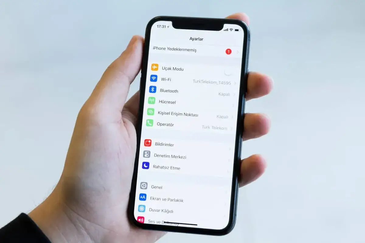 Main d'une personne tenant un iPhone affichant les r&eacute;glages. On y voit 