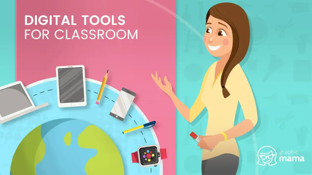 Insegnante sorridente presenta strumenti digitali per la scuola: laptop, tablet, smartphone, orologio smart e penne attorno al globo.
