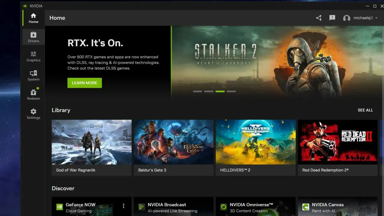 NVIDIA GeForce Experience: ekran główny z grami God of War Ragnarök, Baldur's Gate 3, HELLDIVERS™ 2 i Red Dead Redemption 2®.