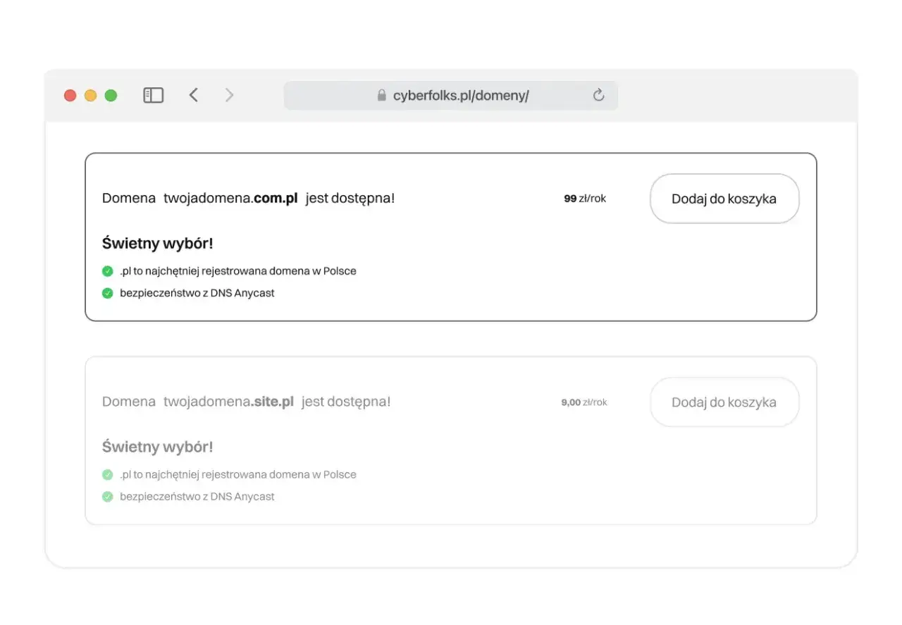 Dwie propozycje domen: twojadomena.com.pl za 99 zł/rok i twojadomena.site.pl za 9 zł/rok. Obie z rozszerzeniem .pl, najpopularniejszym w Polsce, i bezpieczeństwem DNS Anycast.