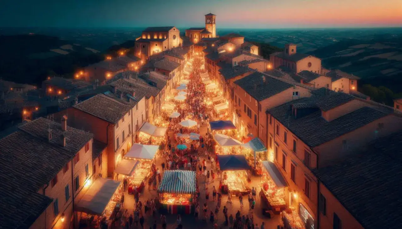 Un vivace mercato serale in un borgo italiano, un'ottima idea su cosa fare a Ferragosto.