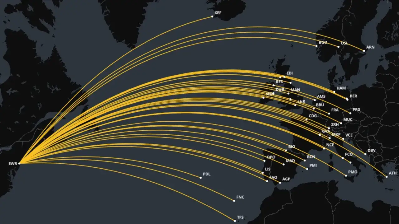 Mapa lotów z EWR do Europy. Zastanawiasz się, ile kosztuje bilet do USA w dwie strony?