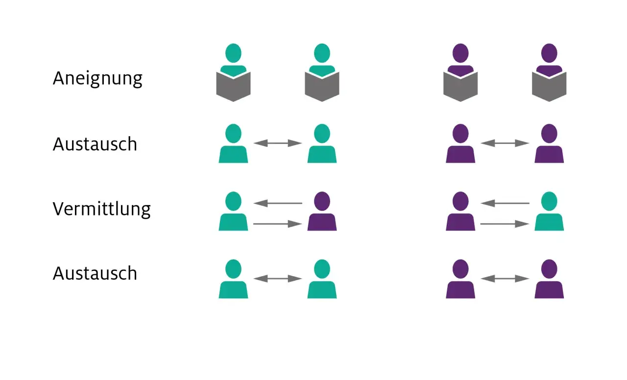 Finde jemanden, der lernt, austauscht und vermittelt. Schematische Darstellung von Interaktionen zwischen Personen.