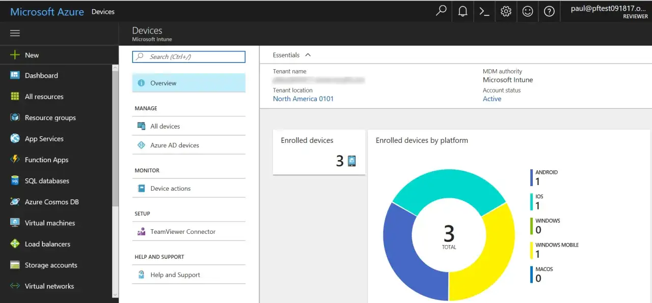 Tableau de bord Microsoft Azure montrant la gestion des appareils via Microsoft Intune. 3 appareils inscrits, répartis par plateforme.
