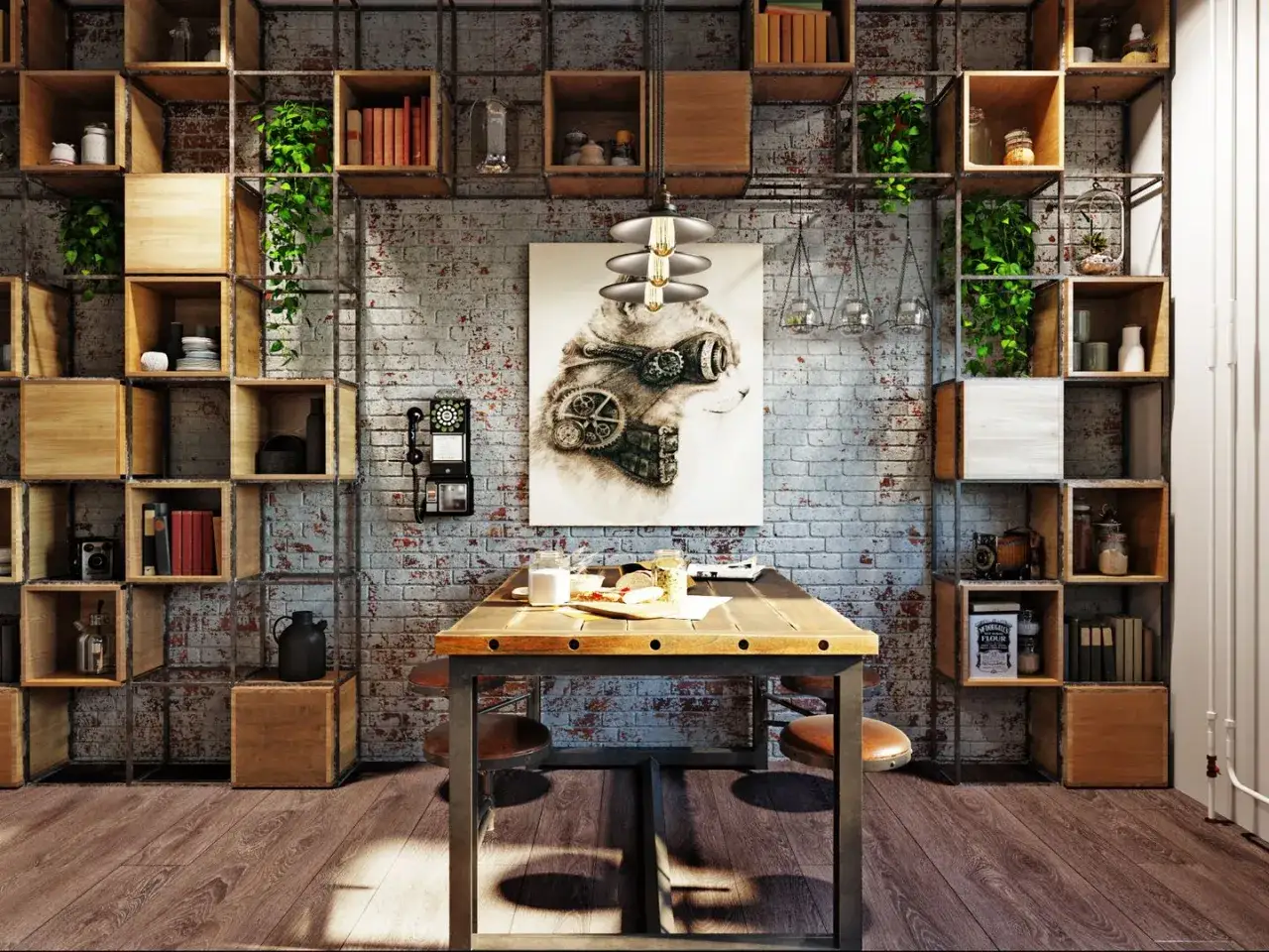 Scaffalatura modulare in metallo e legno, piante, libri e quadri per come valorizzare una parete vuota. Tavolo da pranzo in primo piano.