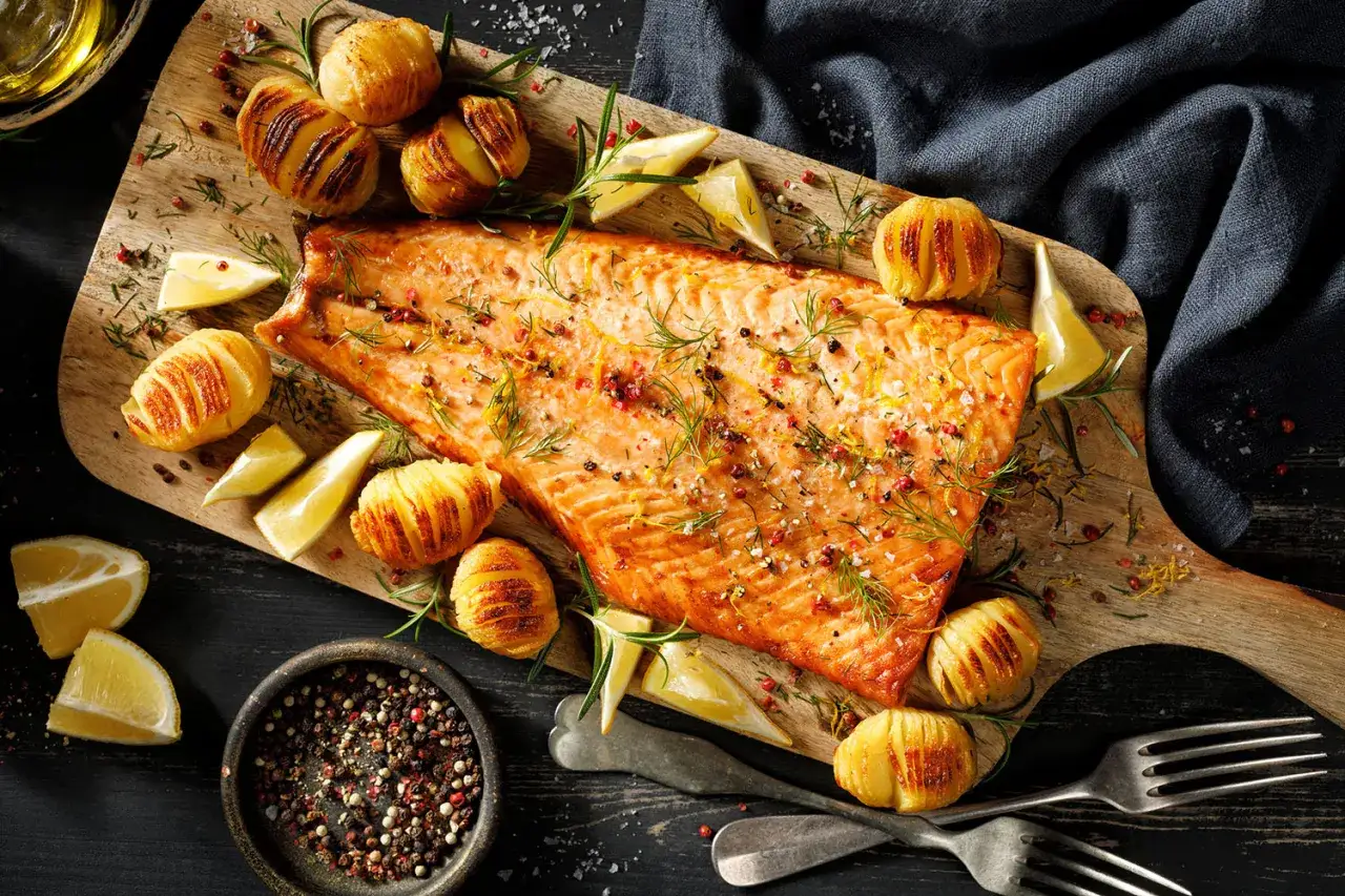 Saftige Lachsseite im Ofen, garniert mit Rosmarin, Zitrone und gerösteten Kartoffeln. Ein Festmahl für Genießer.